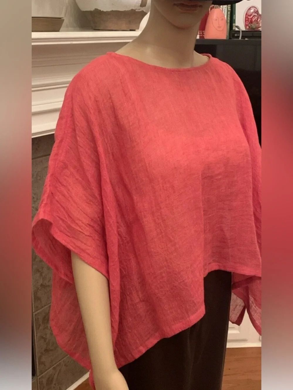 NWT Eileen Fisher 100% Organic Linen Gause Bateau Neck Burgundy Poncho Size L/XL